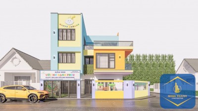 Tòa nhà màu sắc rực rỡ với biển hiệu Happy Dreams